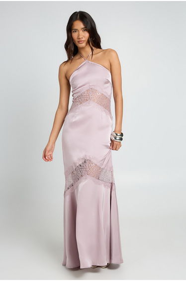 Satin & Lace Strappy Halterneck Maxi Slip Dress - lilac