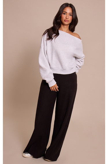 Petite Ash Grey Oversized Off Shoulder Sweatshirt
