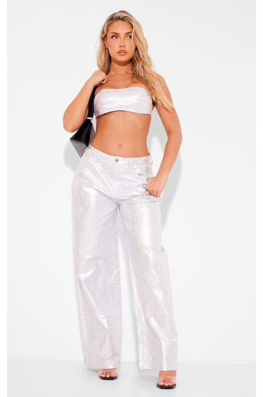 Silver Coated Crackle Effect Denim Wide Leg Jeans