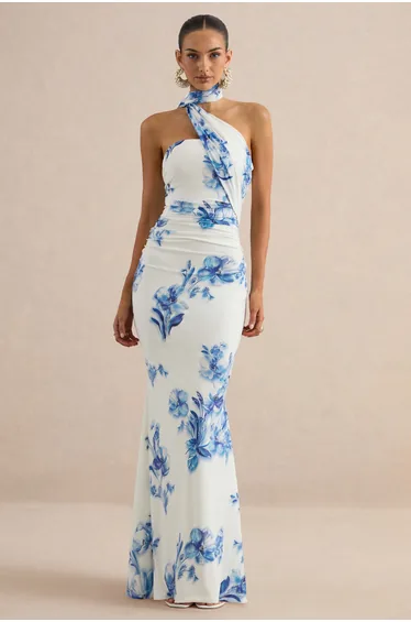 Iraida | Blue Floral Print High-Neck Maxi Dress With Scarf Detail