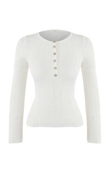 Wardrobe Essentials Ecru Fitted Ribbed Knit Sweater