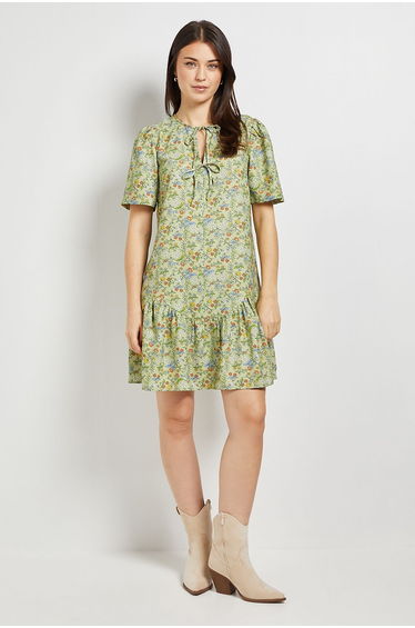 Green Floral Tie Detail Drop Hem Printed Mini Dress