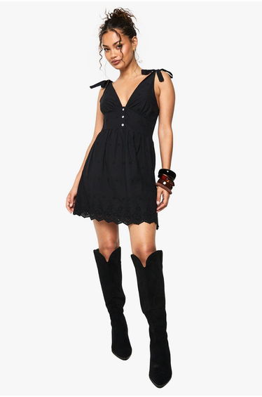 Broderie Strappy Tie Detail Mini Dress - black