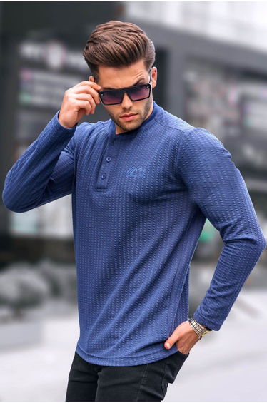 Navy Blue Waffle Fabric Basic Sweater