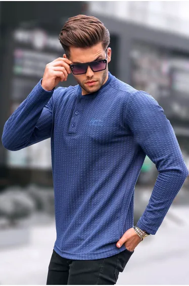 Navy Blue Waffle Fabric Basic Sweater