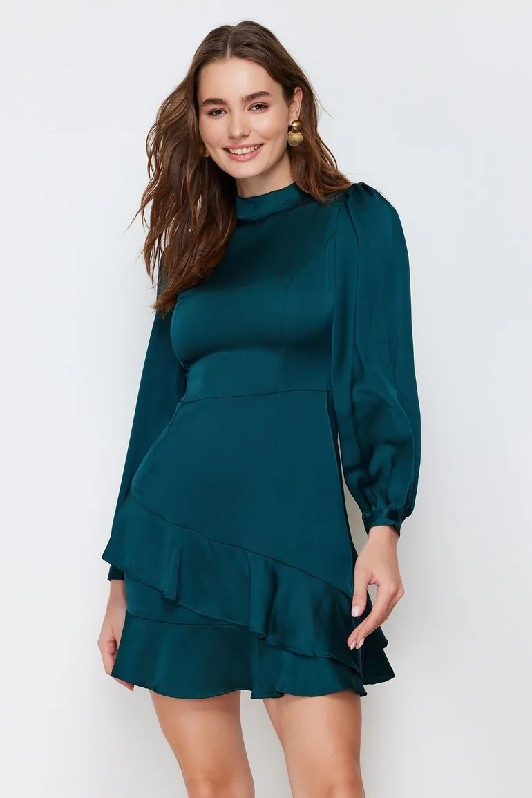 Emerald Green Knitted Satin Dress with Flounces - 1