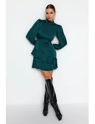 Emerald Green Knitted Satin Dress with Flounces - 8
