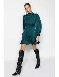 Emerald Green Knitted Satin Dress with Flounces - 6