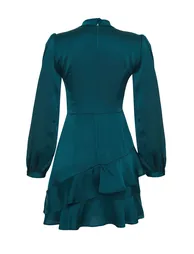 Emerald Green Knitted Satin Dress with Flounces - 13
