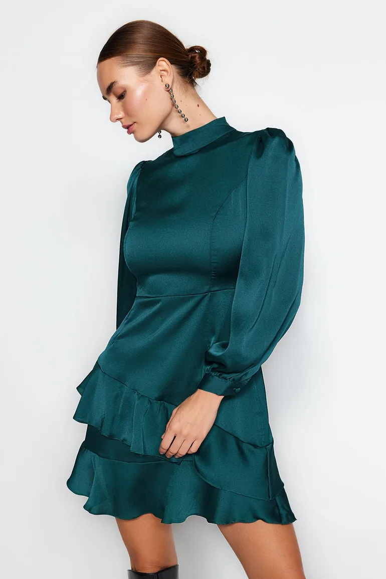 Emerald Green Knitted Satin Dress with Flounces - 7