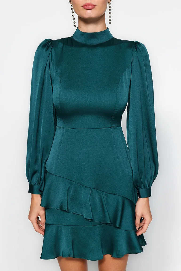 Emerald Green Knitted Satin Dress with Flounces - 9