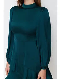 Emerald Green Knitted Satin Dress with Flounces - 4