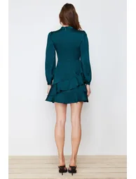 Emerald Green Knitted Satin Dress with Flounces - 5