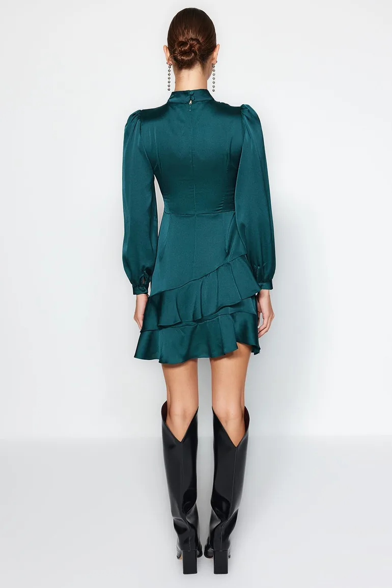 Emerald Green Knitted Satin Dress with Flounces - 11