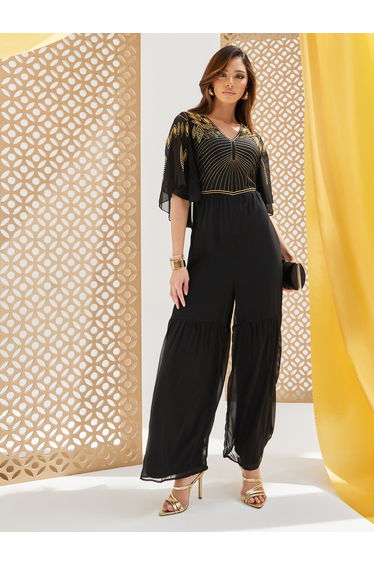 Plisse Wide Leg Embroidered V-Neck Jumpsuit