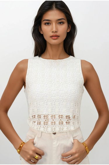 Women's Ecru Crew Neck Lined Sleeveless Guipure Blouse