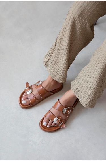 Gavi Women's Drop Detail Daily Comfort Leather Slippers Brown