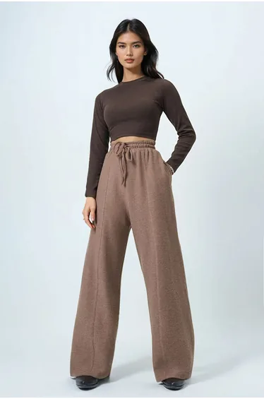 Women's Milk Coffee High Waist Tied Detail Thick Trousers