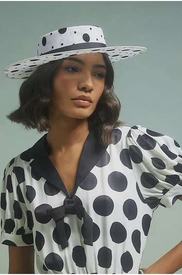 Beige Premium Sasha Polka Dot Boater Hat