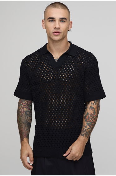 Relaxed Open Stitch Knitted Polo - black