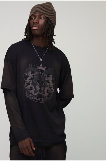 Oversized Graphic Faux Layer Heavyweight Washed T-Shirt - black