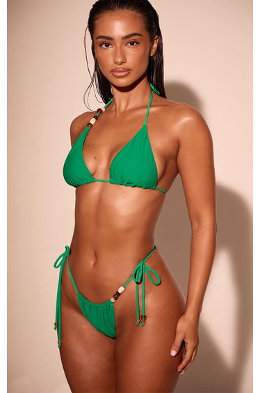 Green Bead Trim Tie Side Bikini Bottoms