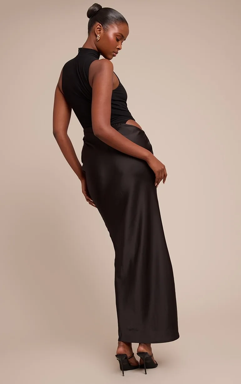 Black Mesh Racer Satin Skirt Maxi Dress - 1