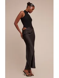 Black Mesh Racer Satin Skirt Maxi Dress - 2
