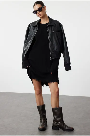 Black Plain Mini Knitwear with Flowing Detail Knitwear Dress