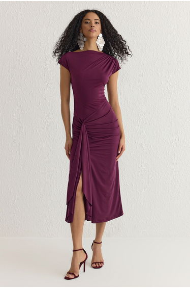 Plum Body-Smoothing Adjustable Back Laced Lined Knitted Dress