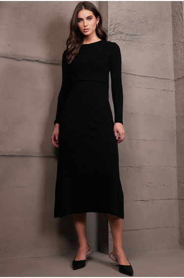 Women's Black Crew Neck Strap Blouse Detailed Knitwear Dress