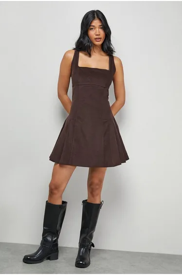 Cord Square Neck Pinafore Mini Dress