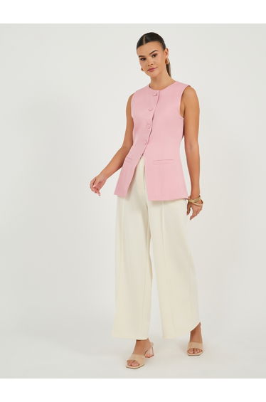 Round Neck Buttoned Placket Longline Blouse