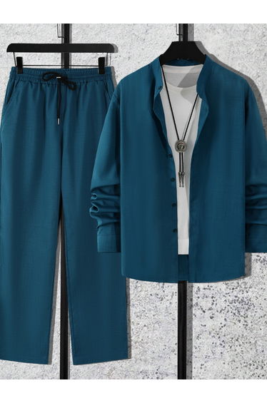 Men Teal Stand Collar Shirt and Pants Co-Ords
