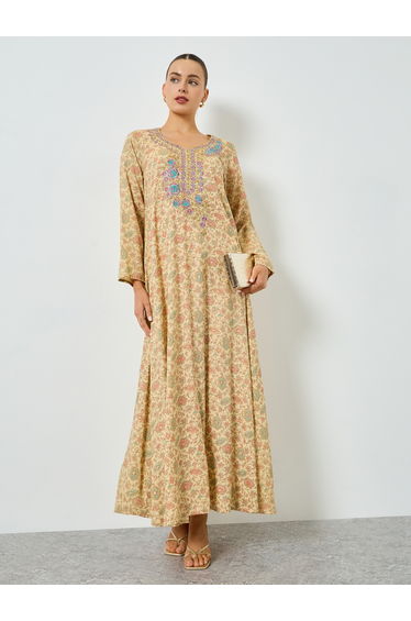 All-Over Print Embroidered A-Line Jalabiya