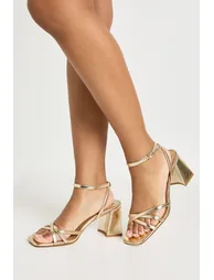 Block Heel Cross Over Strappy Heels - gold