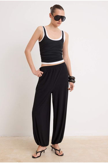 Black Carrot/Shalwar Drawstring Regular Waist Narrow Leg Stretchy Knitted Trousers