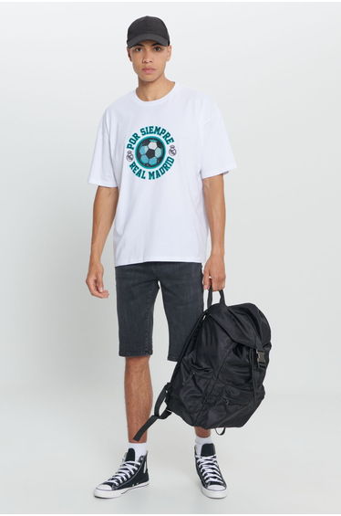 Men's White Real Madrid Licensed Oversize Fit Loose Fit 100% Cotton Crew Neck T-Shirt