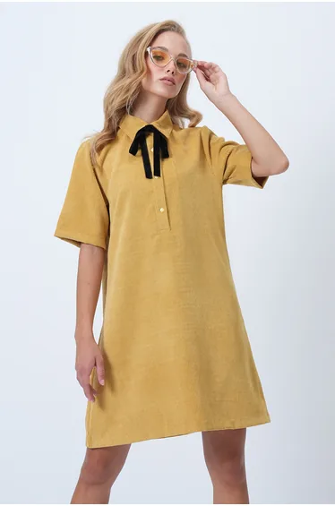 Women's Mustard Yellow Polo Neck Half Placket Button Textured Velvet Mini Dress