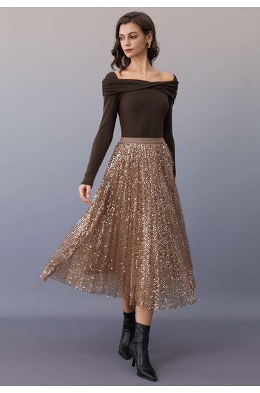 Gilded Glow Sequin Embellished Mesh Tulle Midi Skirt