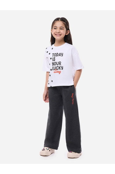 Slogan Print Knit Crop Top and Wide-Leg Pants Set