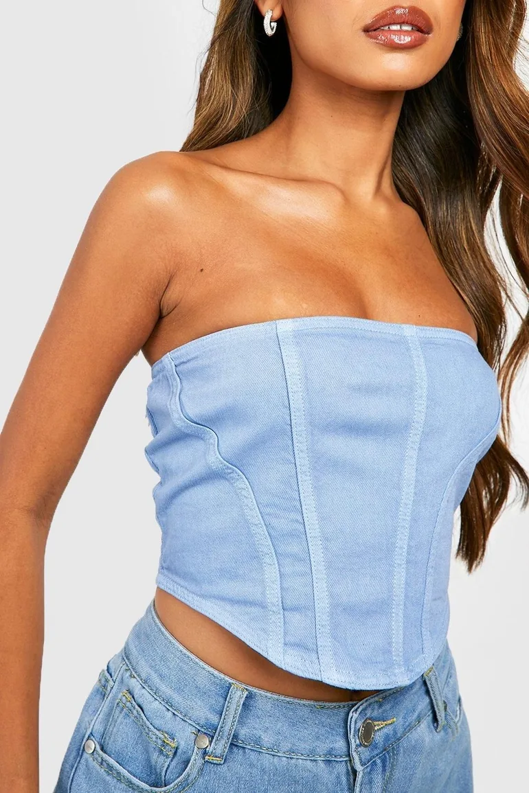 Seam Detail Longline Corset Top - light blue - 3