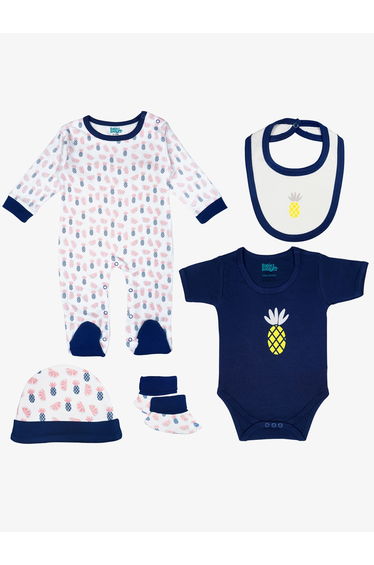 5-Piece 100% Cotton Bib, Romper, Mittens, Cap and Sleepsuit Set