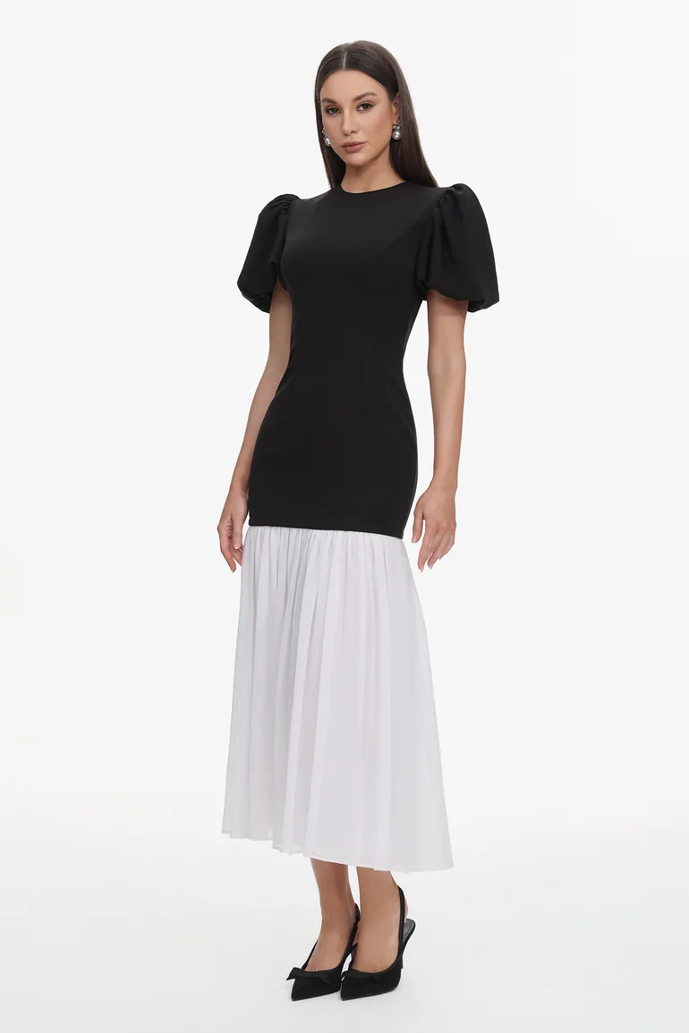 Spiral Classic Tailored Puff Sleeve Pleated Contrast Maxi Dress - 3