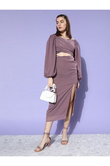 Women Lilac Balloon Sleeve Wrap Midi Dress with Cut-Out Detail