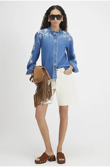 Blue Denim Long Sleeve Embroidered Blouse