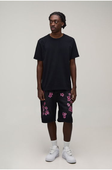 Floral Embroidered Relaxed Denim Shorts - washed black