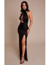 Petite Black Halterneck Double Slinky Ruched Cut Out Maxi Dress - 2