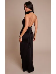 Petite Black Halterneck Double Slinky Ruched Cut Out Maxi Dress - 1