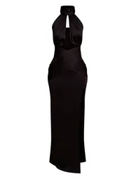 Petite Black Halterneck Double Slinky Ruched Cut Out Maxi Dress - 4